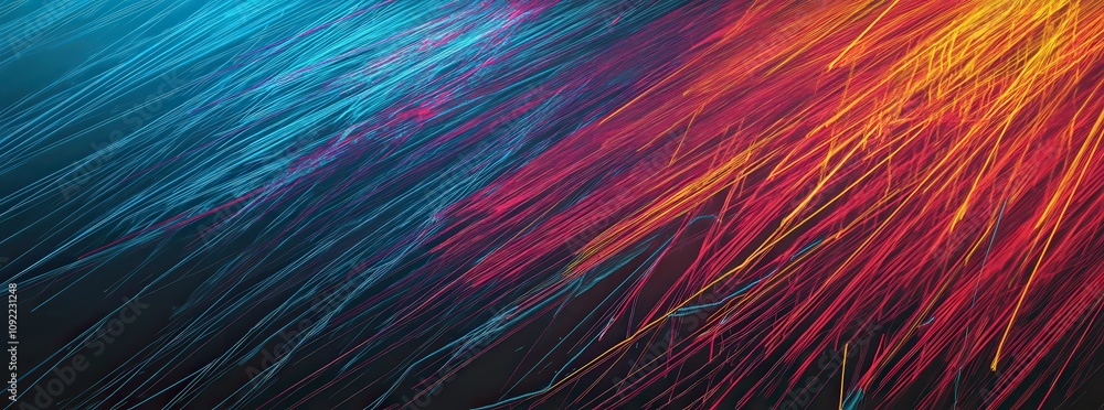 Poster vibrant abstract artwork featuring dynamic, multicolored lines converging in a chaotic yet visually 