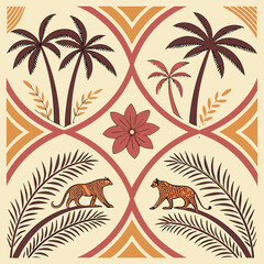 Obraz premium Retro Mosaic-Style Jungle Shapes with Tigers and Palm Leave