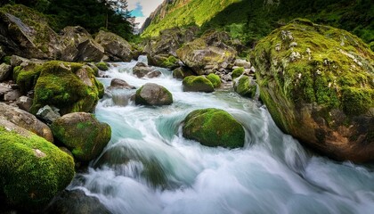 A mountain stream rushing through moss-covered rocks, surrounded by dense greenery.