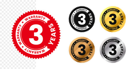 3 years warranty in circle. Three years warranty with circular text. Red, black, gold, silver, bronze premium color. Sticker, label, badge, icon, sign, emblem, stamp, logo, tag, seal, symbol. Vector