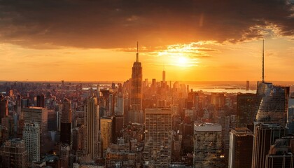 A city skyline at sunset, buildings gleaming with golden reflections against a vibrant sky.