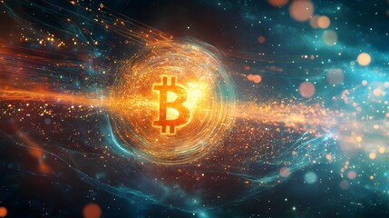 A cosmic scene where the Bitcoin symbol floats in space