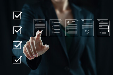 Businessman marking items in digital checklist. Quality assurance and document control with icons,...