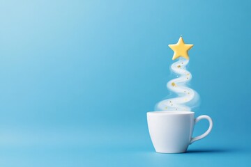 A whimsical cup with steam rising and a festive blue Christmas tree topped with a star in a cozy winter setting