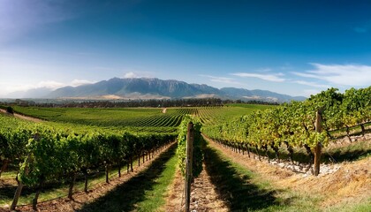 Fototapeta premium A vast vineyard, symmetrical rows of grapevines extending toward a hazy mountain range.