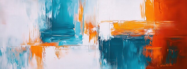 Abstract painting in teal, orange, and white.  Bold brushstrokes create a dynamic and modern artwork ideal for design projects.