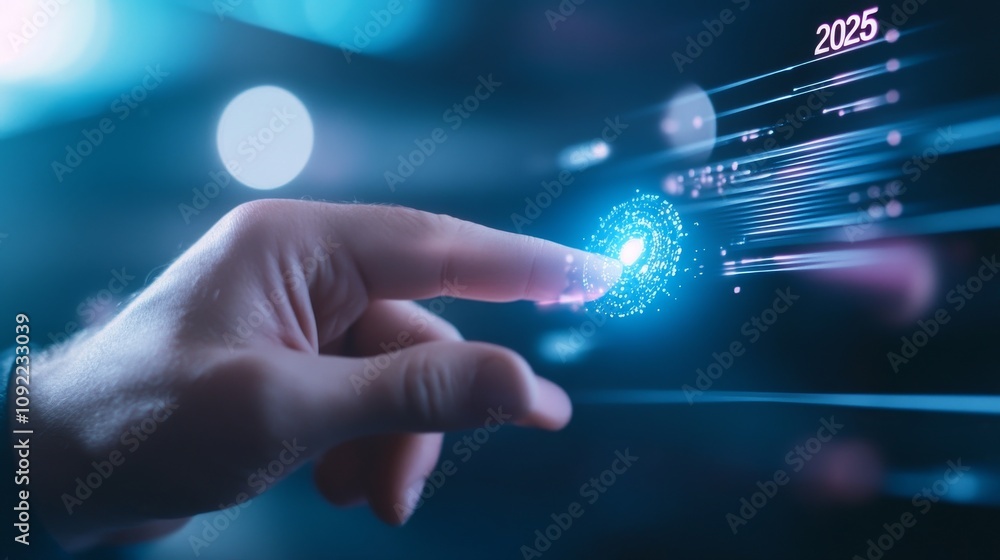 Poster futuristic interaction with touchscreen technology representing digital data and innovation for the 
