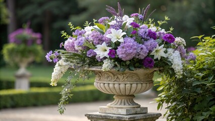 Freshly picked purple and white flowers arranged in a decorative urn with lush greenery creating a stunning focal point for any room, floral arrangement, home decor, spring displays, fresh flowers,