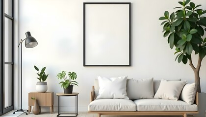 A minimalist living room with a large empty black frame on the wall, a beige sofa, a small side table with a plant, and a simple decor