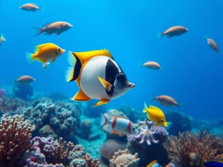 Fototapeta premium Underwater scene featuring a school of colorful fish swimming in the ocean, creating a vibrant and lively display of sea life, sea life, educational, vibrant