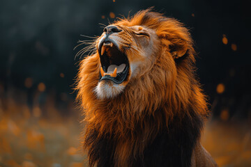 Naklejka premium Majestic lion roaring in dramatic dark environment at twilight animal photography nature concept
