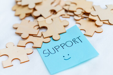 Fototapeta premium Business support strategies office environment puzzle pieces positive mindset collaborative approach for team success