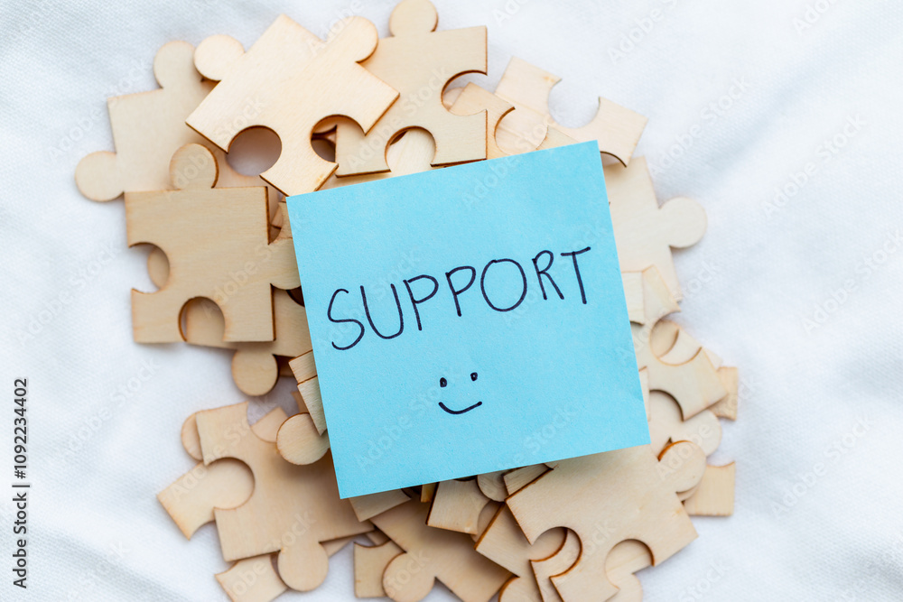 Aufkleber supporting business growth puzzle pieces of teamwork office space image of collaboration positive en
