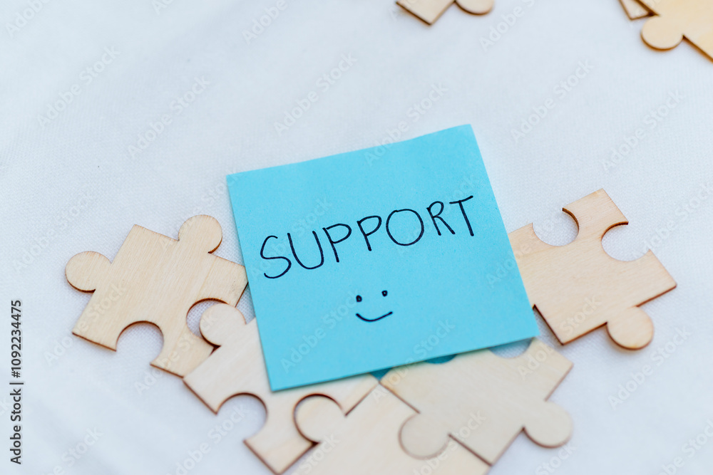 Poster supportive business environment puzzle pieces of teamwork office space motivational reminder collabo