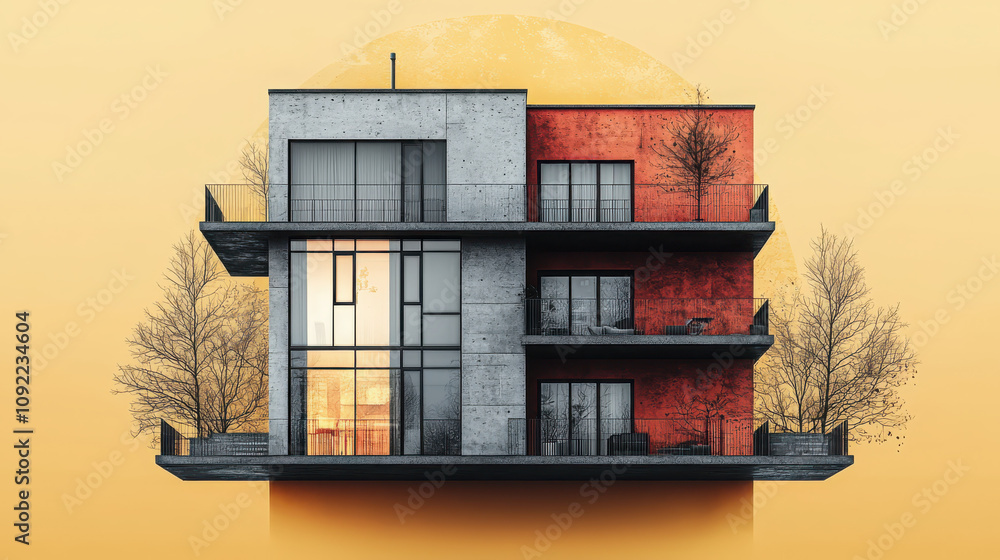 Poster showcasing minimalist architecture simple building design urban setting digital ing contemporary vie