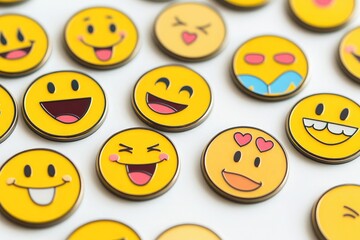 Obraz premium A collection of yellow smiley face pins with various expressions and emotions