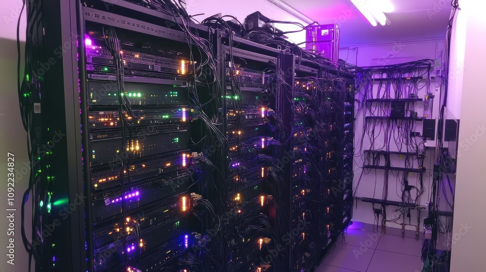Aufkleber illuminated server racks filled with complex wiring systems