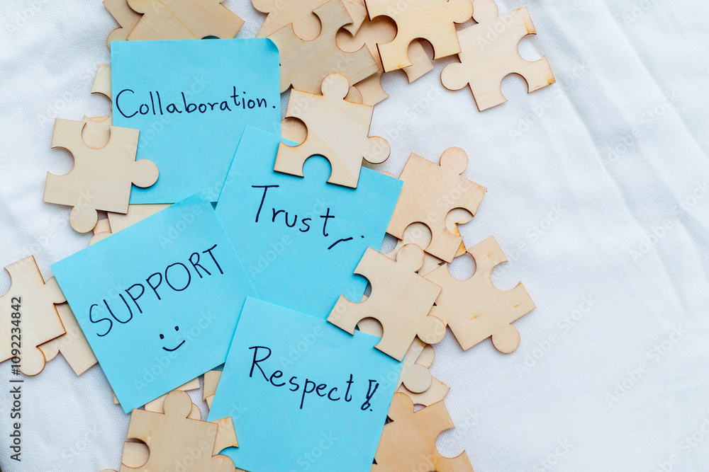 Poster collaboration and trust building in business office environment visual content puzzle piece concept 