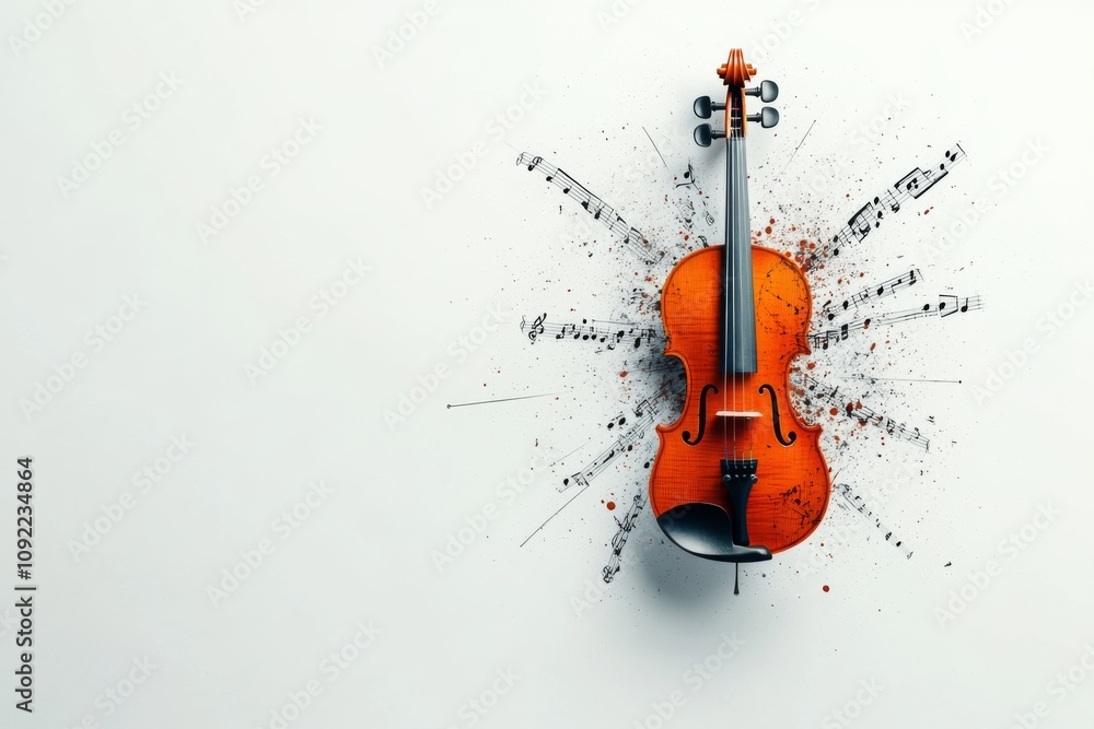 Poster An artistic representation of a violin with musical notes exploding from its body, symbolizing creativity and passion for music