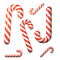 Red and white Christmas candy sticks, 3D render modern cartoon style. Festive treat for seasonal Christmas advertisement design, Xmas decoration. Christmas season game obgects, sweet treat candy stick