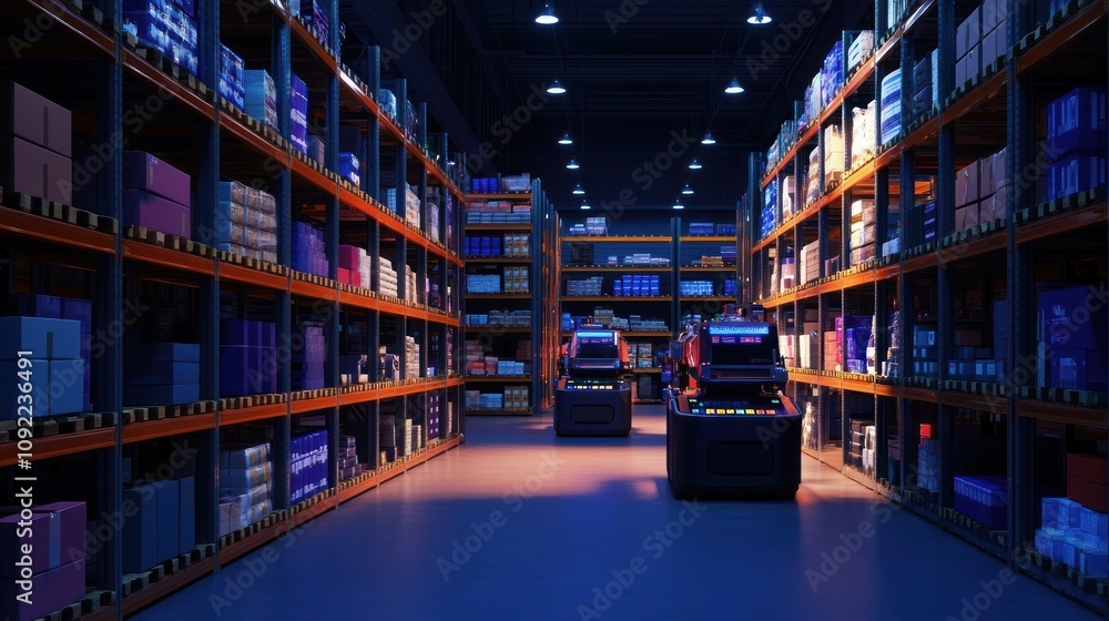 Poster Automated Warehouse Robots Navigate Aisles Filled With Goods