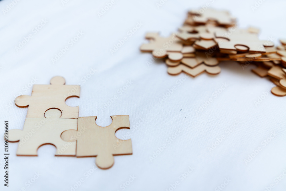 Poster Business insights assembling creative strategies with wooden puzzle pieces home office visual content collaborative environment focused concept