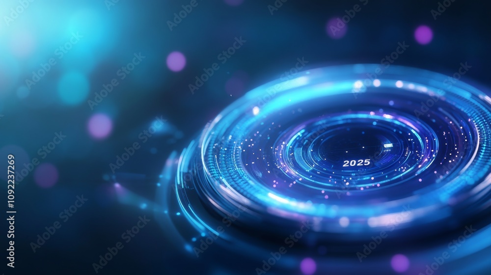 Poster futuristic digital interface concept featuring glowing circles and data elements with year 2025 repr