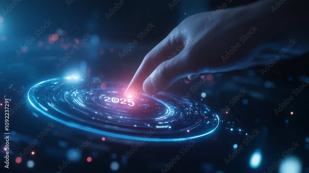 Poster futuristic interface with hand touching holographic display and year 2025 in a sci-fi style environm