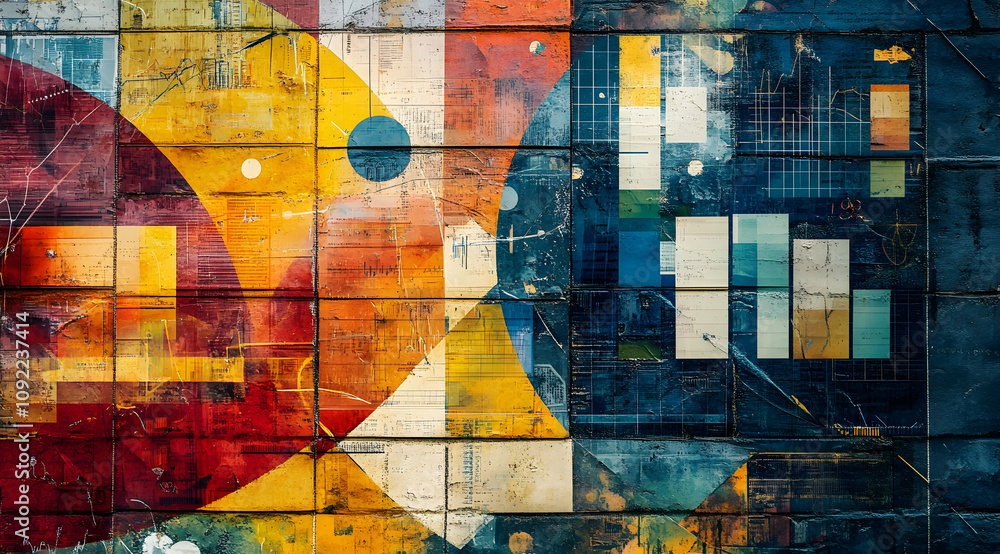 Poster a vibrant abstract mural featuring bold colors and geometric shapes, creating a dynamic visual exper