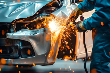 Professional car body welding service on white background, modern repair after a car accident