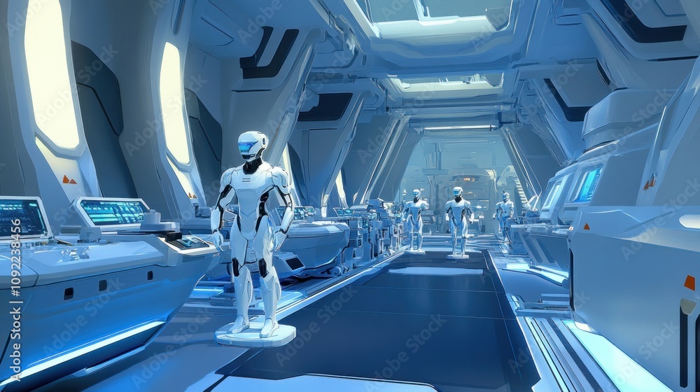 Poster futuristic spaceship corridor with robotic figures