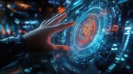 Hand touching modern interface digital transformation and metaverse concept. Connection next generation technology and new era of innovation.