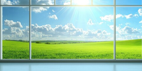 Fototapeta premium A summer-themed broadcast studio with vibrant colors, featuring a large digital backdrop of a sunny landscape with clear skies and green fields.