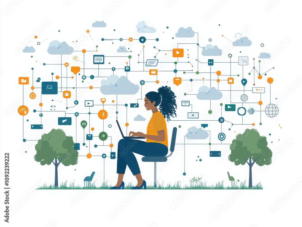 Poster remote worker accessing cloud-based resources for collaboration home office digital content virtual 
