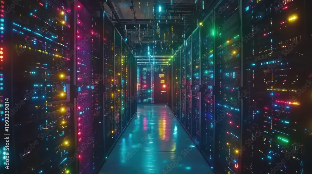 Poster illuminated server room data center corridor