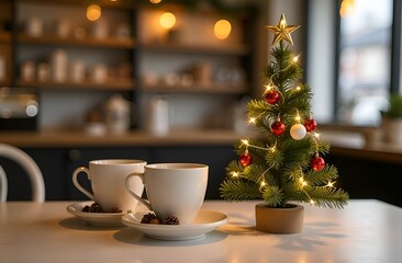 Fototapeta premium Two cups of cappuccino on the table with a small Christmas tree in the cafe. Cozy coffee shop for the New Year. Coffee for two on winter holidays