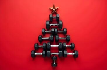 Christmas tree made of sports dumbbells on a red background with a place for text. Creative postcard for the new year for fitness, gyms. Mockup for a training certificate