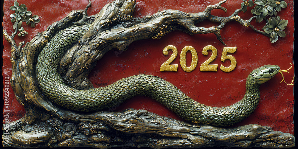 Poster a snake with the number 25 written on it. the snake is green and is on a red background
