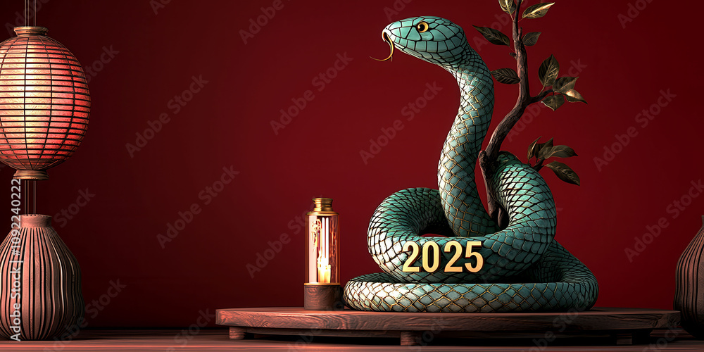Poster a snake with the number 25 written on it. the snake is green and is on a red background