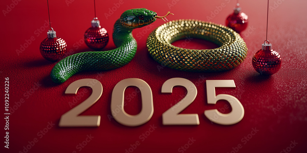 Poster a snake with the number 25 written on it. the snake is green and is on a red background