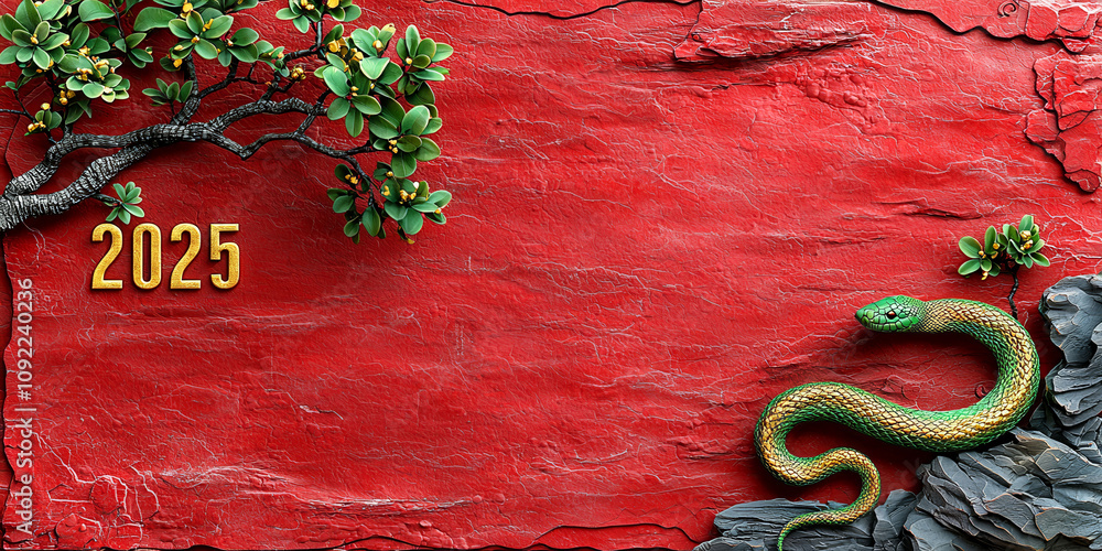 Poster a snake with the number 25 written on it. the snake is green and is on a red background