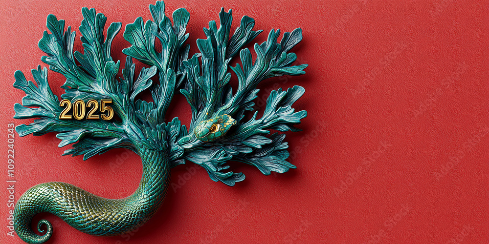 Poster a snake with the number 25 written on it. the snake is green and is on a red background