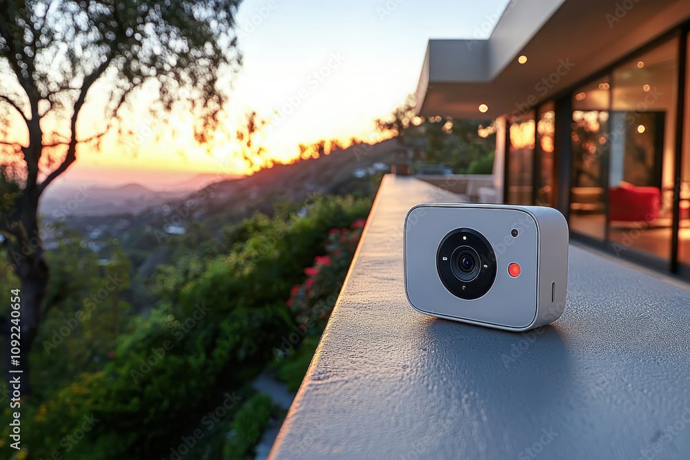 Poster enhancing home safety smart security system with cameras and sensors modern residences technology ov