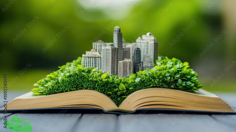 Poster a creative representation of urbanization and nature with a miniature cityscape emerging from an ope
