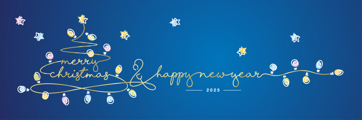 Merry Christmas and Happy new year 2025 line design handwritten lettering typography. Start connect Christmas lights on Christmas tree on blue background greeting card