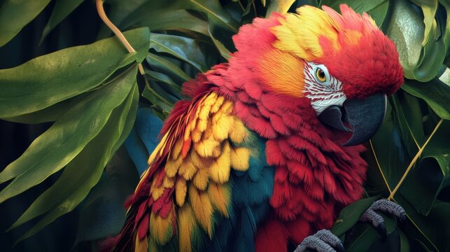 Closeup of a colorful parrot in lush jungle high fidelity image nature photography detailed macro view wildlife art
