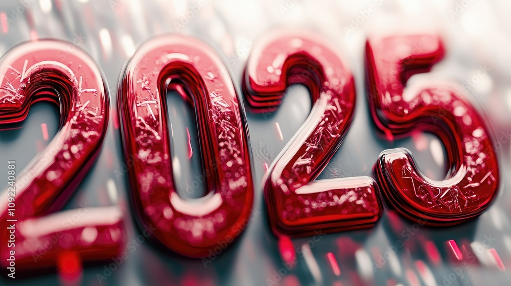 Poster bright and shimmering numbers representing the year 2025 with a red metallic finish and reflections 
