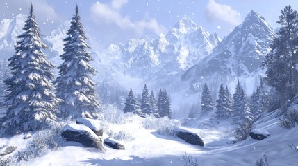 Snow-covered pine trees stand tall in a serene winter mountain landscape