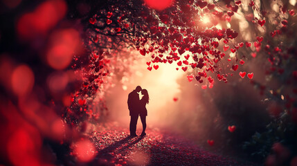 Fototapeta premium Romantic couple sharing a kiss under a canopy of heart-shaped decorations