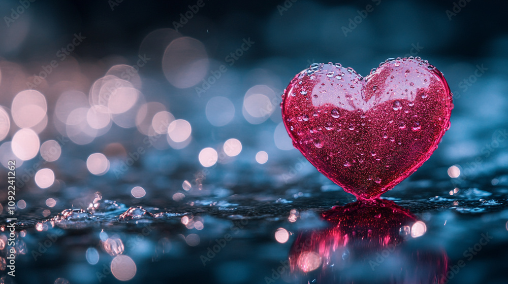 Poster Heart shaped object covered in water droplets on a blurred background with soft lights